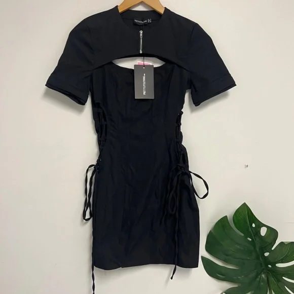 prettylittlething Black Woven Lace Up Detail Bodycon dress - Picture 2 of 6